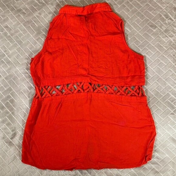 Luca Couture Womens Large Blouse Red Collared Button Up Gauzy Rayon Sleeveless - Picture 8 of 10